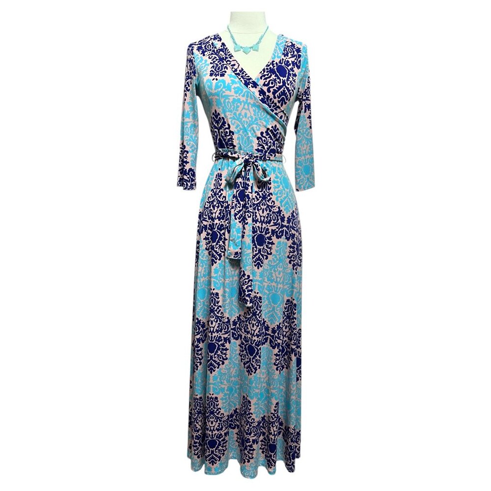 Peach, aqua, and blue patterned maxi dress